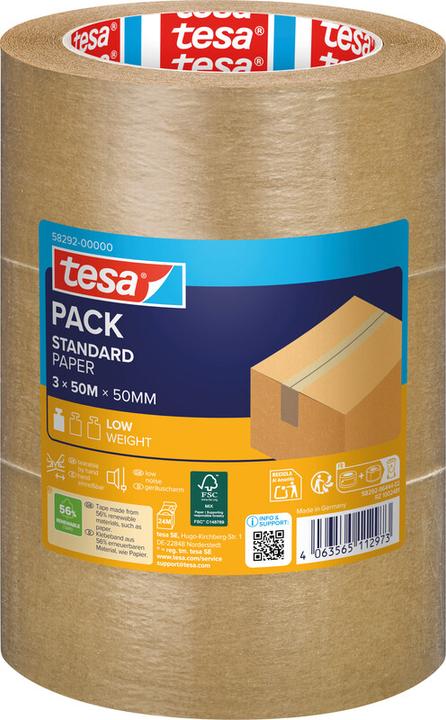 Actual product image tesa 3x tesapack PAPER STANDARD packaging tape - 56 % bio-based material - recycling-friendly (50 mm)