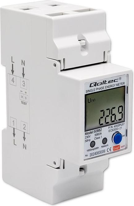 Produktbild Qoltec 50882 Single phase electronic energy consumption meter for DIN rail | Wi-Fi | TUYA | 230V | L