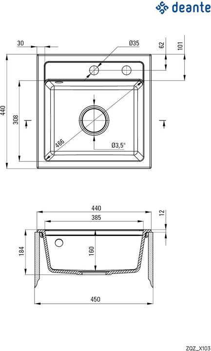 Produktbild Deante ZORBA GRAN SINK 44X44X18 ZQZ A103 WHT (Einbauspüle, 60 cm, 49 cm)