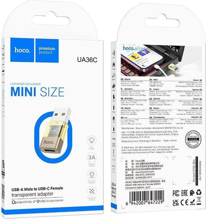 Produktbild Hoco Cable adapter USB A (male) to Type C (female) UA36C gold (USB 2.0)