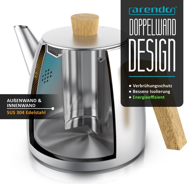 Produktbild Arendo Teekanne aus Edelstahl mit Holzgriff, Siebeinsatz, 1L, Isolierkanne, Doppelwandig, Edelstahl Teesieb (1 l)