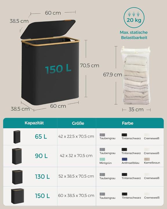 Image du produit Songmics Panier à linge Collecteur de linge 3 compartiments (150 l)