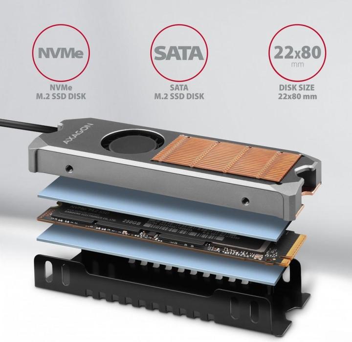 Produktbild Axagon CLR-M2FAN computer cooling system Solid-state drive Heatsink/Radiatior Grey 1 pc(s)
