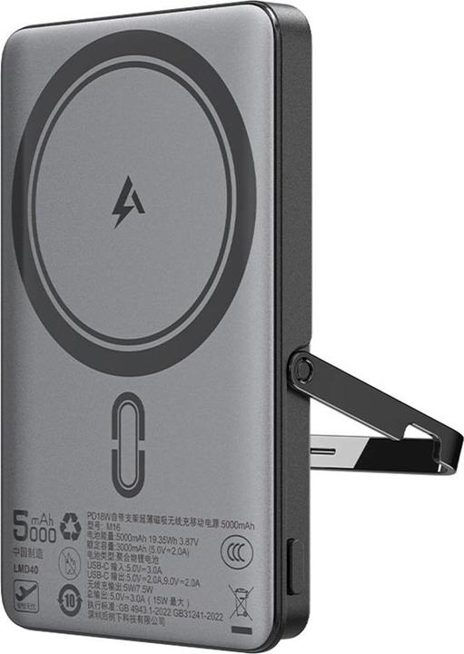 Acefast - Magnetic Power Bank (M16-5000) - with Built-in Stand, 5000mAh, PD18W, LED Light - Black (5000 mAh, 18 W)