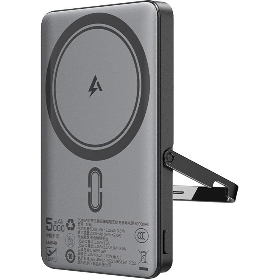 Acefast - Magnetic Power Bank (M16-5000) - with Built-in Stand, 5000mAh, PD18W, LED Light - Black (5000 mAh, 18 W), Powerbank, Nero