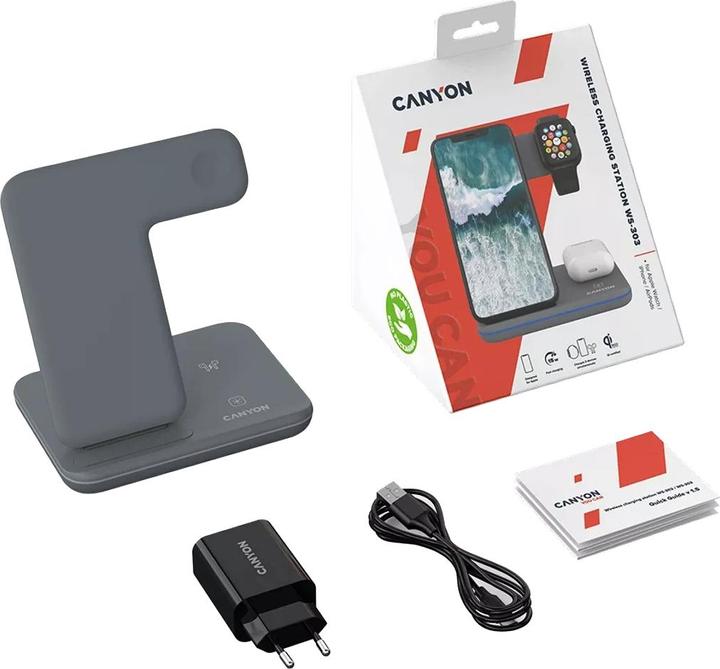 Produktbild Canyon WS-303, kabelloses 3-in-1-Ladegerät, mit Touch-Taste für fliessendes Wasserlicht, Eingang 9 V (15 W)