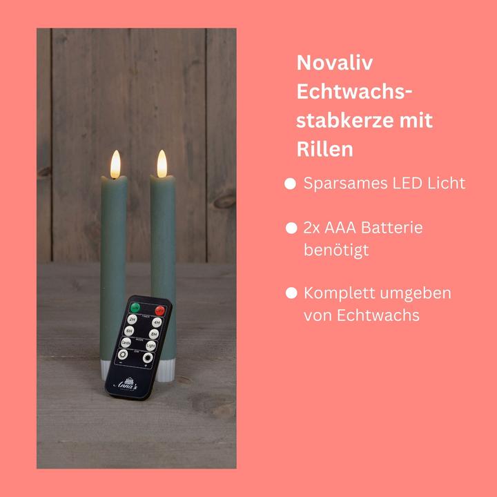 Actual product image Novaliv LED Stabkerzen 24 Stück ECHTWACHS Grün - mit Timer Funktion 6 Stunden - 23cm Höhe für Kerzen 2,2cm (24 x)