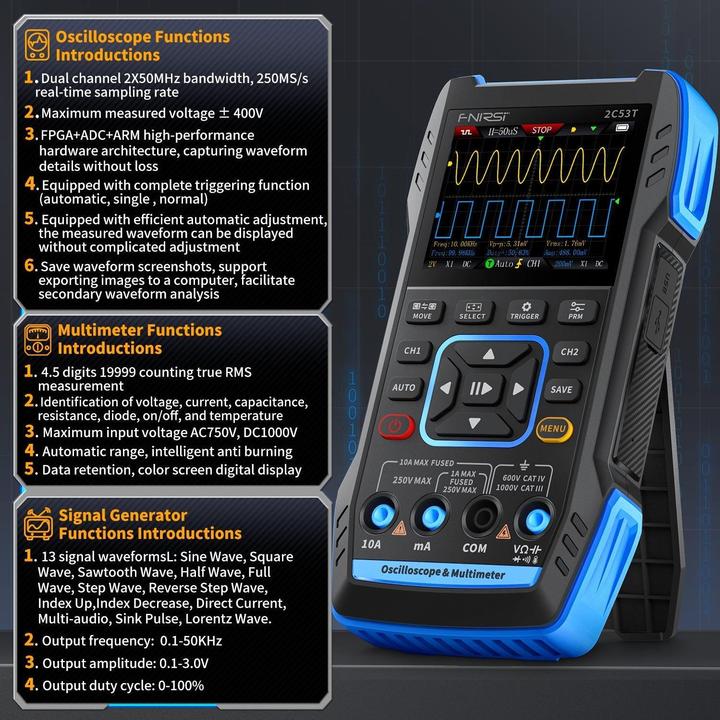Actual product image Fnirsi 2C53T portable 3in1 oscilloscope multimeter signal generator (CAT II 300V)