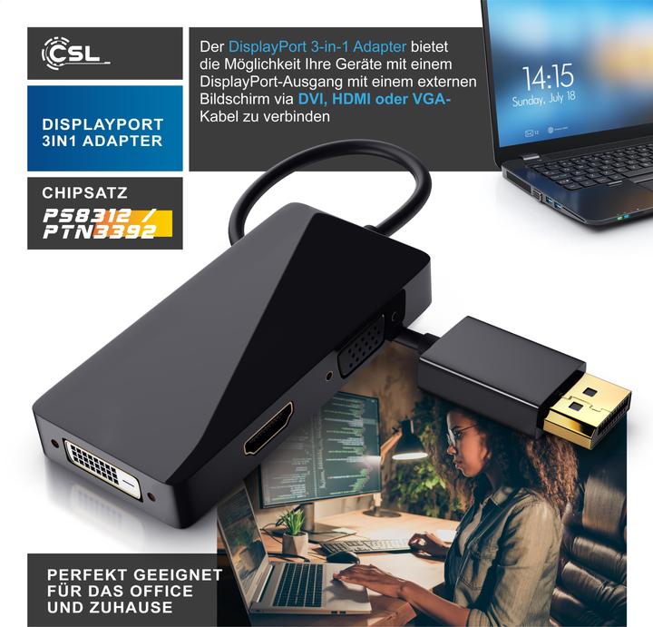 Image du produit CSL Adaptateur DisplayPort vers HDMI + DVI + VGA (DVI, HDMI, VGA, 10 cm)