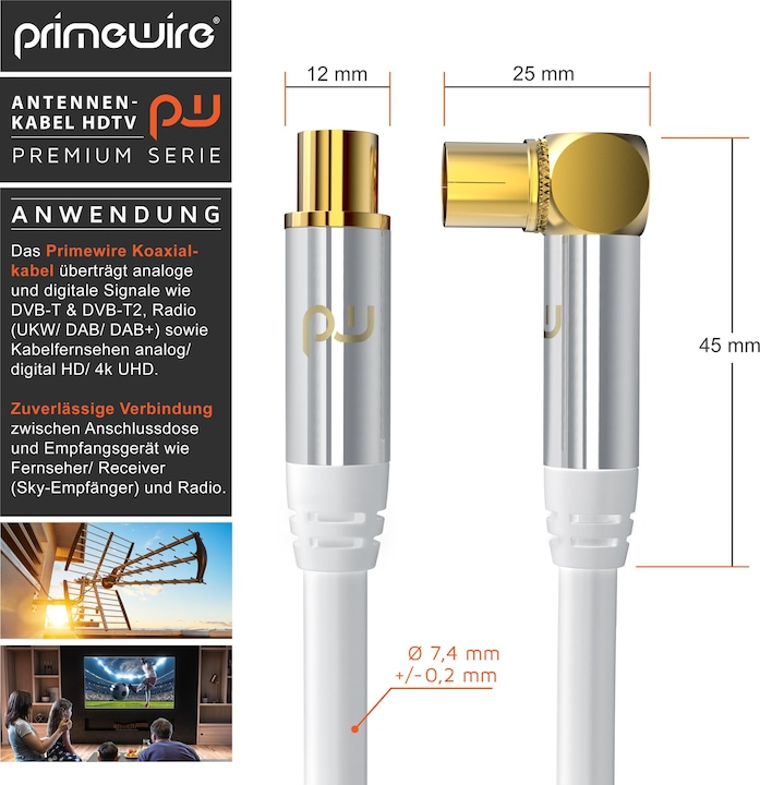 Produktbild Primewire Antennenkabel gewinkelt, Koaxialkabel 75 Ohm HDTV, Radio, DVB-T DVB-T2 DVB-S2 TV Antennen Kabel (135 dB, Antennenkabel)