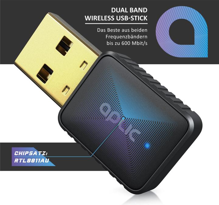 Image du produit Aplic Clé adaptateur WLAN USB Dongle, clé WiFi 600 Mbps 2,4 GHz + 5 GHz / 802.11 ac/n/g/b/h, Windows 11 (USB)
