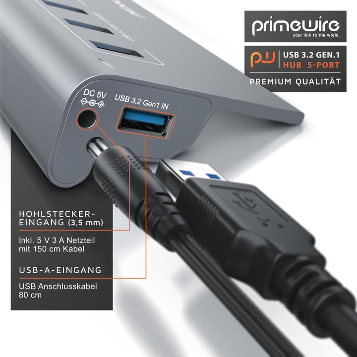 Produktbild Primewire 5 Port USB 3.2 Gen.1 Hub Aktiv mit Netzteil & USB Kabel, USB 3.0 Datenhub 5 Gbit/s, USB smart charge (5 Ports)