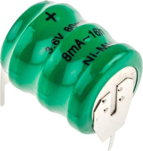 Immagine prodotto RS PRO Batteria a bottone NiMH 3.6V 80mA PCB (Specifico del dispositivo, 80 mAh)