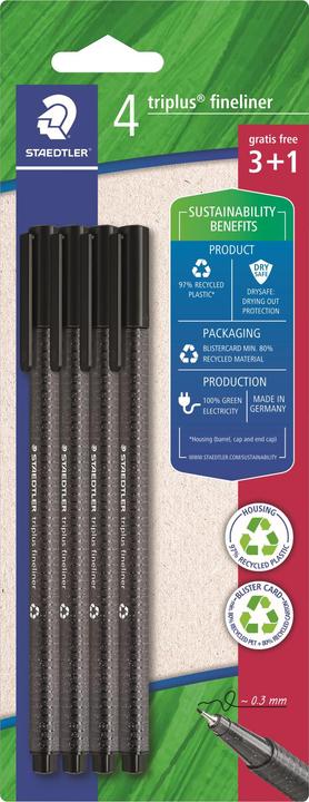 Produktbild Staedtler Fineliner triplus schwarz 4er-Set retail (Schwarz, 4x)