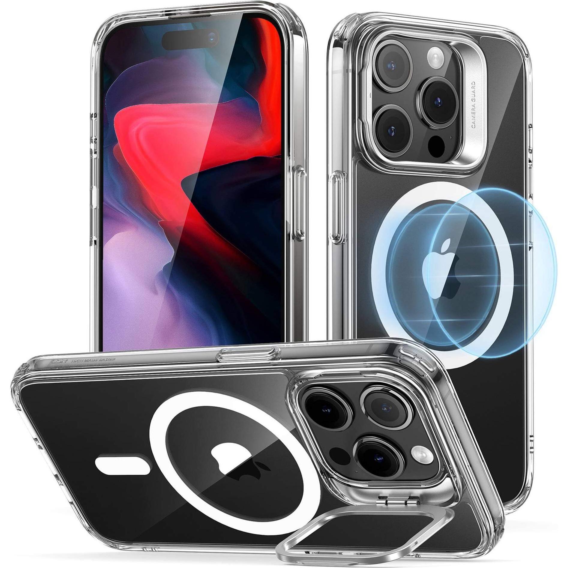 Thumbnail - ESR Classic Hybrid HaloLock Case mit Stash Stand (Apple iPhone 15 Pro), Smartphone Hülle, Transparent
