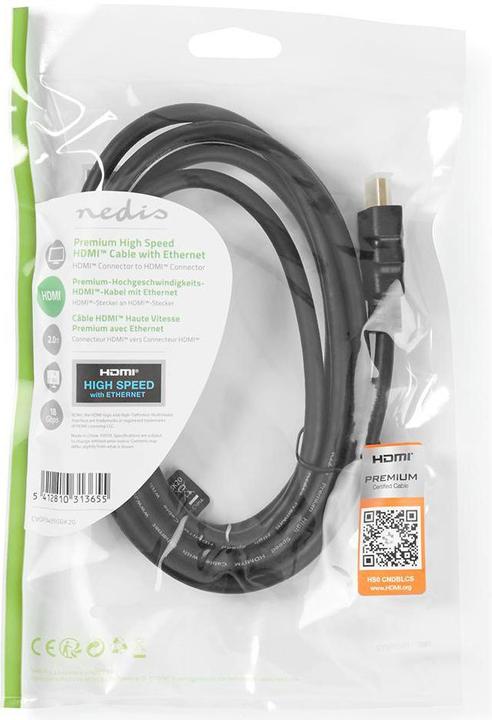 Actual product image Nedis Premium High Speed HDMI ™ Cable with Ethernet | HDMI™ Plug | HDMI™ Plug | 4K@60Hz | 18 (2 m, HDMI, 2.0b)