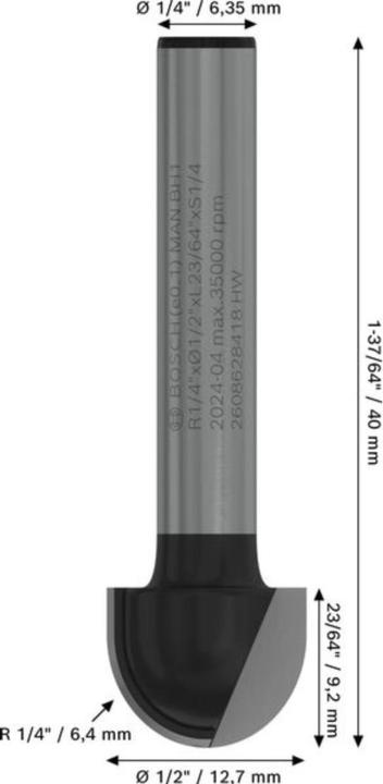 Produktbild Bosch Professional Zubehör Hohlkehlfräser, 1/4-Zoll, R1 6,3 mm, D 12,7 mm, L 9,2 mm, G 40 mm