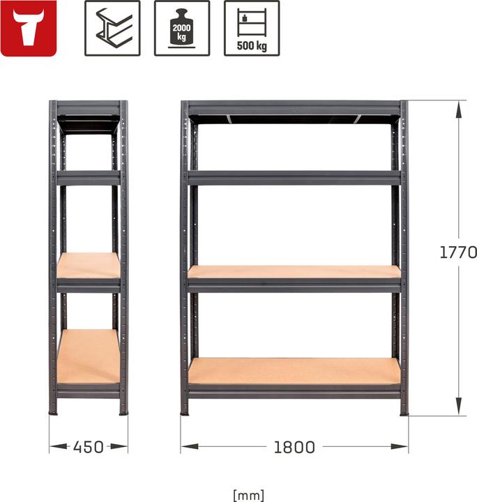 Produktbild Stier Schwerlast-Fachbodenregal Fachlast 500kg HxBxT 1770x1800x450 mm