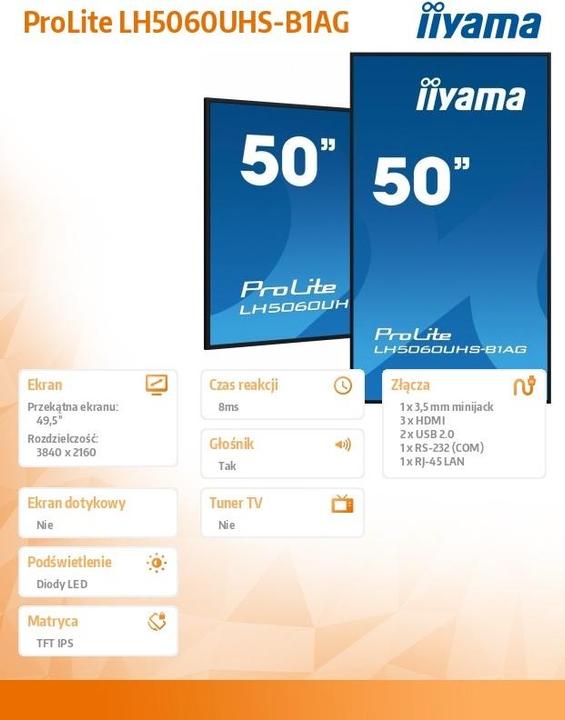 Actual product image iiyama 50IN IPS PANEL 4K UHD 3840X2160 8MS 24/7 500CD/M2 1200:1 3XHDM (3840 x 2160 Pixels, 49.50")