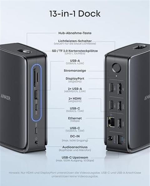 Image du produit Anker 3x USB-A, 2x USB-C, 1x DisplayPort, 2x HDMI, 1x Ethernet, 1x DC-IN, 1x AUX, 1x USB-C Upstream, 1x (USB-C, 13 ports)