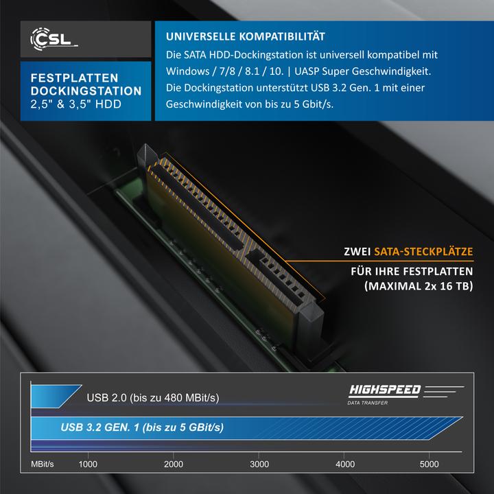 Produktbild CSL Festplatten Dockingstation, USB 3.2 Gen 1 Festplattendockingstation, Klonfunktion für 2,5" & 3,5"