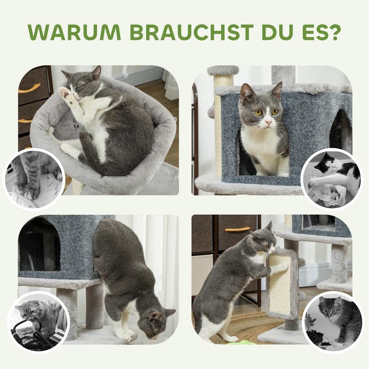 Produktbild PawHut Kratzbaum Spanplatte, Polyester Hellgrau (104 cm, Cremeweiss, Hellgrau)