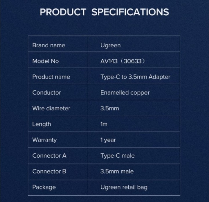 Image du produit Ugreen USB C – 3.5mm (1 m, Jack 3,5 mm (AUX))