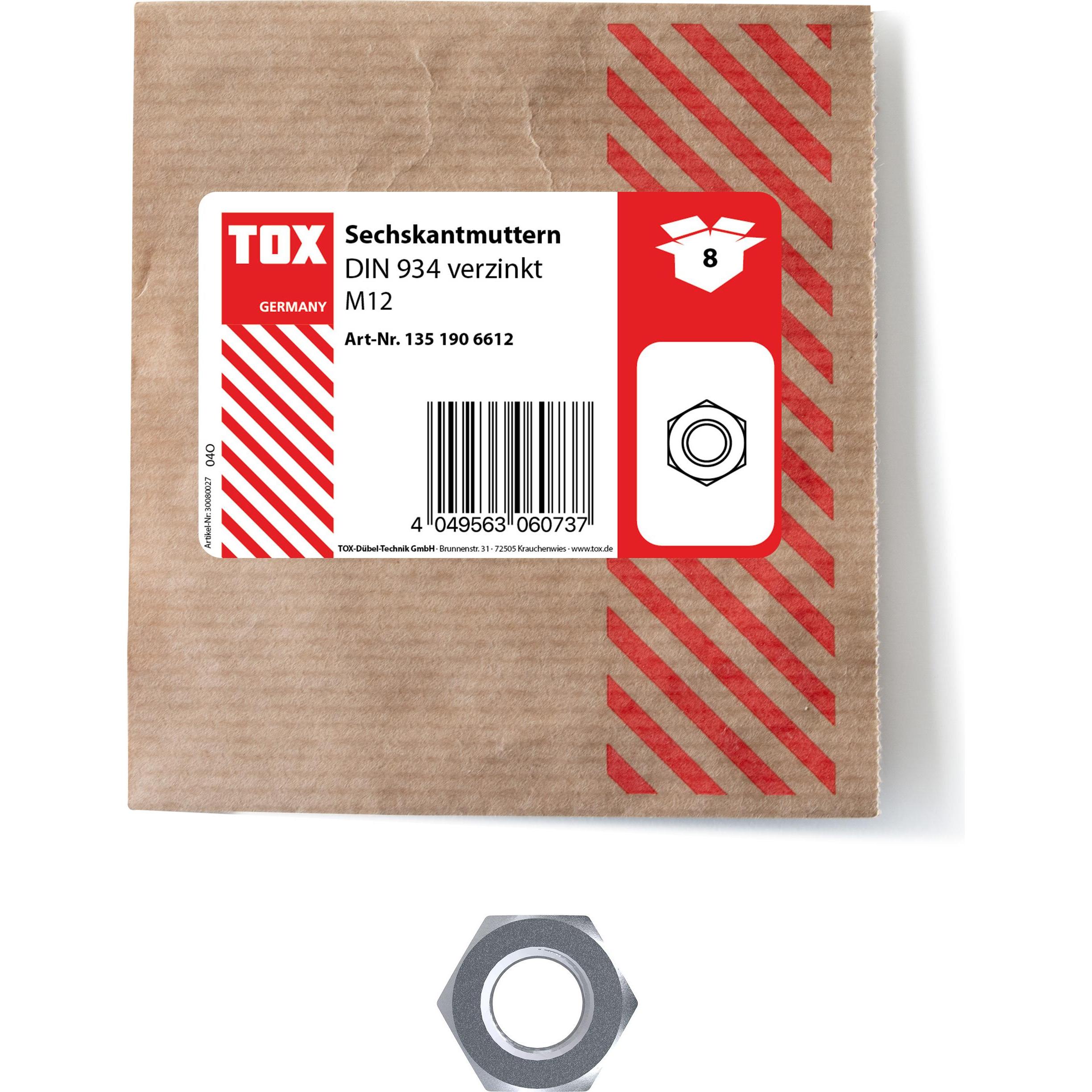 Tox, Muttern + Unterlegscheiben, Sechskantmuttern DIN 934 verzinkt M12 (8 Stk.)
