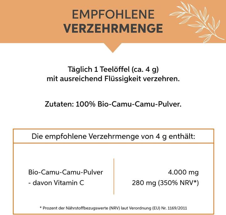 Nährwerte und Zutaten Eltabia Bio Camu Camu Pulver hochdosiert mit natürlichem Vitamin C aus Brasilien (Pulver, 100 g)