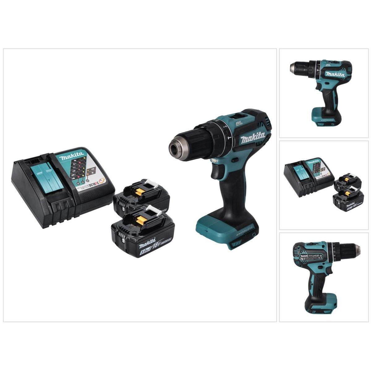 Makita, Bohrmaschine + Akkuschrauber, DHP 485 RT Akku Schlagbohrschrauber 18 V 50 Nm Brushless + 2x Akku 5,0 Ah + Ladege...