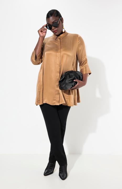 Immagine prodotto Ulla Popken Blusa dal taglio svasato con cupro, pieghe godet, colletto da camicia e maniche a 3/4 (42, 44)