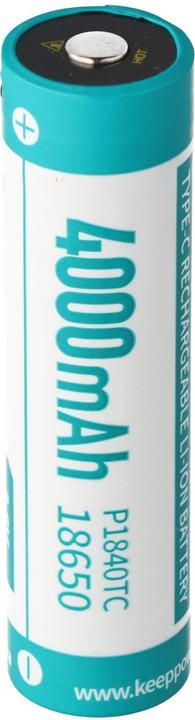Actual product image Keeppower 18650 Li-Ion Akku P1840TC 4000mAh, 3,6 / 3,7 V, 70,2x18,8mm, PCB geschützt, USB-C Ladefunktion (1 pcs., 18650, 4000 mAh)