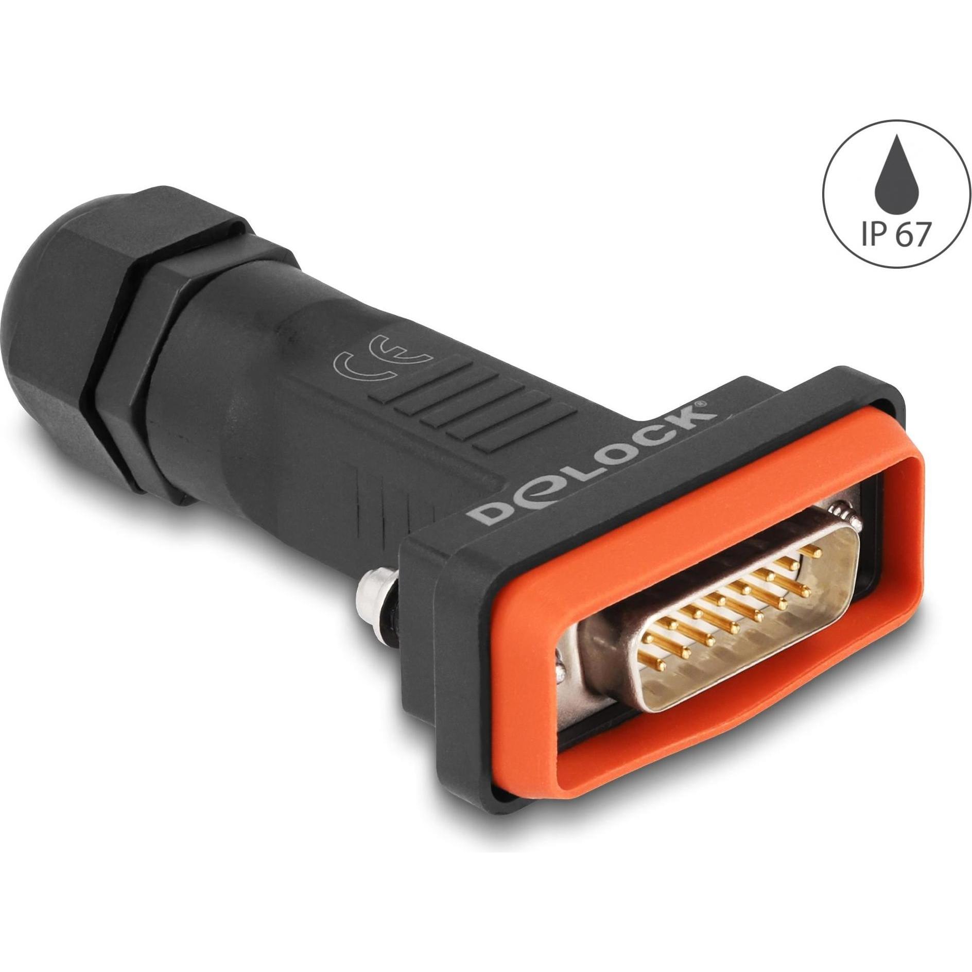 Delock Adapter D-Sub HD 15 Pin Stecker mit Gehäuse IP67 wasserfest (Sub-D 15, 4.90 cm), Data + Video Adapter, Schwarz, R...