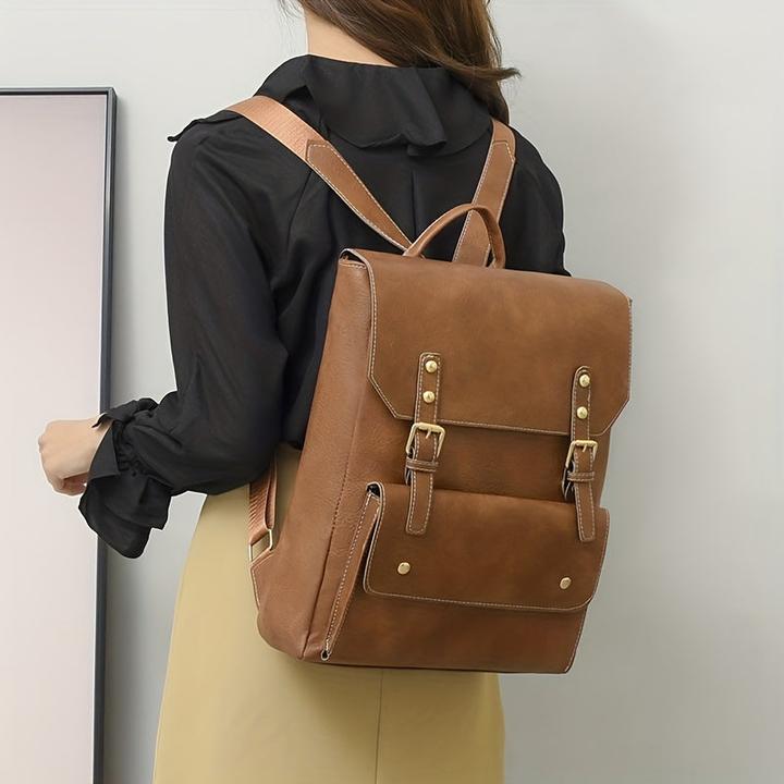 Immagine prodotto Only-Bags.Store Zaino vintage con fibbia, zaino per la scuola in stile preppy, zaino per laptop in tinta unita