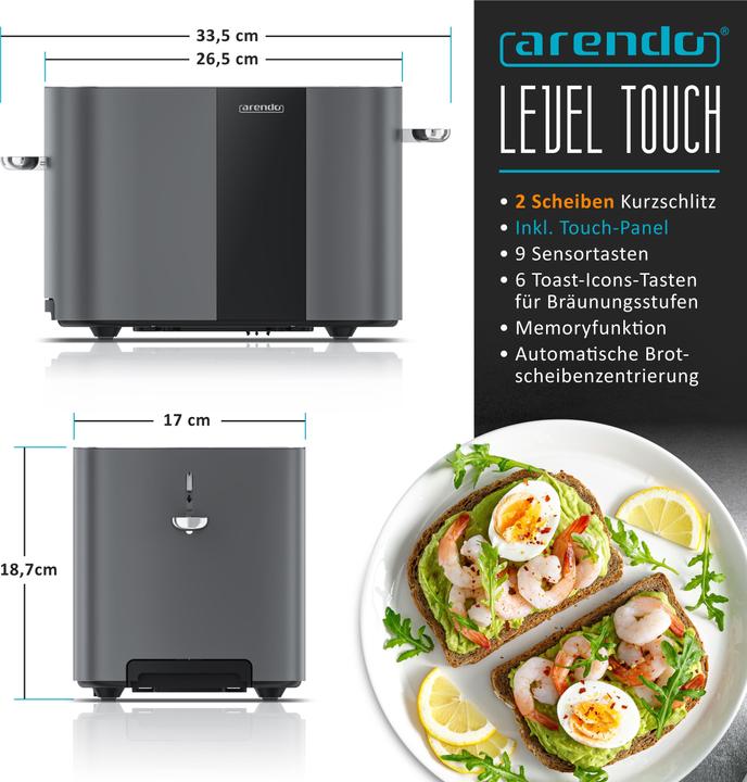 Produktbild Arendo Toaster Edelstahl 2 Scheiben Kurzschlitz, Restzeit & Bräunungsgradanzeige, Touch Display, 800 W