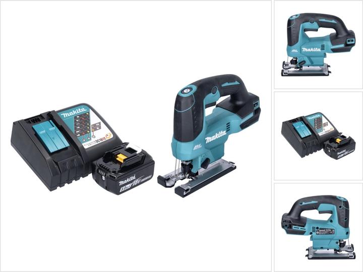 1x Makita DJV 184 cordless pendulum action jigsaw, 1x sliding block plastic, 1x jigsaw blade B-50 wood, 1x Makita BL 1850 B 18 V 5.0 Ah rechargeable battery, 1x Makita DC 18 RC rechargeable battery quick charger