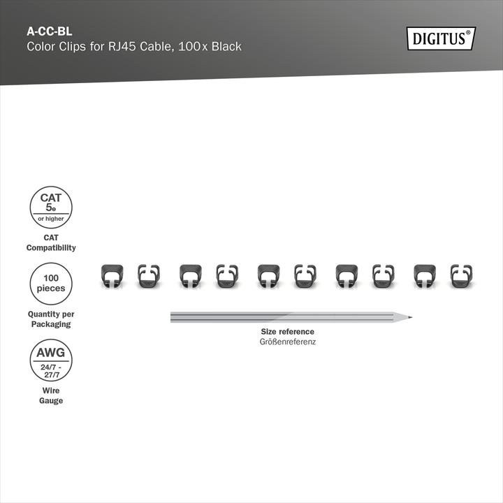 Produktbild Digitus Farbclips für RJ45-Kabel Farbe Schwarz, 100 Stück Packung (CAT5e)