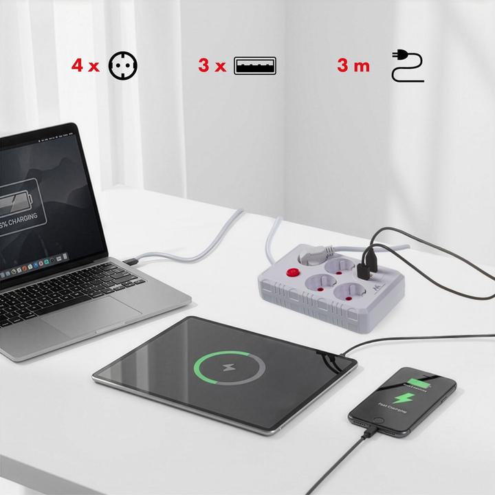 Produktbild Maclean Steckdosenleiste, Verlängerungskabel mit 4 Steckdosen + 3 USB-Anschlüssen (4x, USB-A, 3 m)