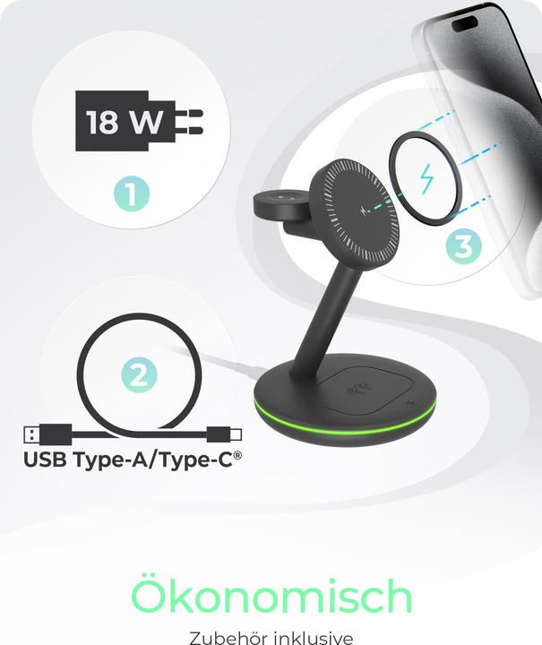 Produktbild Icy Box Ladestation induktiv/magnet. f. Smartphone/-watch/Inear-Kopfh?rer (15 W)