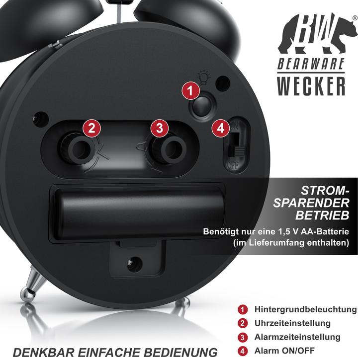 Produktbild Bearware Analoger Wecker klassisches Design, ohne Ticken, lauter Weckton, Batteriebetrieb, metall, schwarz