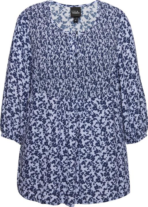 Image du produit Ulla Popken Chemisier smocké, motif à fleurs. Décolleté rond et manches 3/4. Coupe évasée. (42, 44)