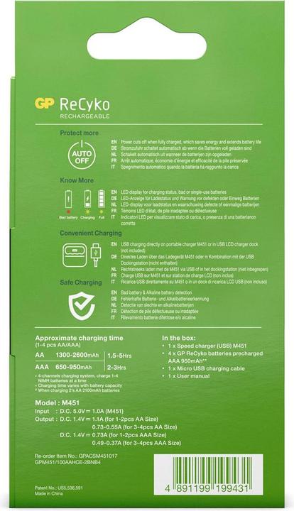 Produktbild GP Batteries ReCyko M451/100 4-Port USB Ladegerät inkl.4xAAA NiMh 950mAh (5 Stk., AAA, 950 mAh, Ladegerät inkl. Akku)