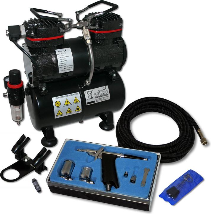 Actual product image Wiltec Airbrush Compressor Set with 1 Gun AS196 for Beginners with Multiple Accessories