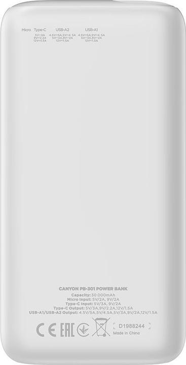 Image du produit Canyon Banque d'alimentation PB-301 30000 mAh (30000 mAh, 22.50 W, 111 Wh)