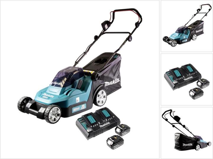 Actual product image Makita DLM 432 PG2 Tondeuse à gazon sans fil 36 V (2x 18 V) 43 cm brushless + 2x Batteries 6.0 Ah + (Rechargeable battery operated)