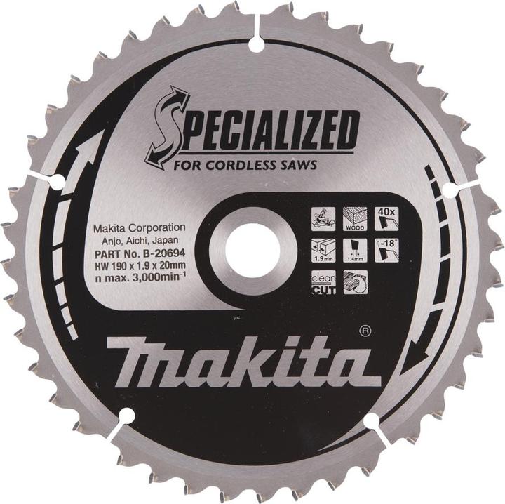 Immagine prodotto Makita B-20694 T.C.T. pjūklas 190X1.9X20mm -18° T40 SPECIALIZZATO akum. diskiniams pjūklams