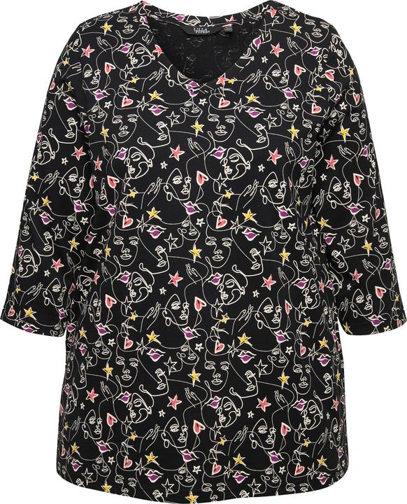 Actual product image Ulla Popken Scribble Print 3/4 Sleeve Split Neck Tee (54)