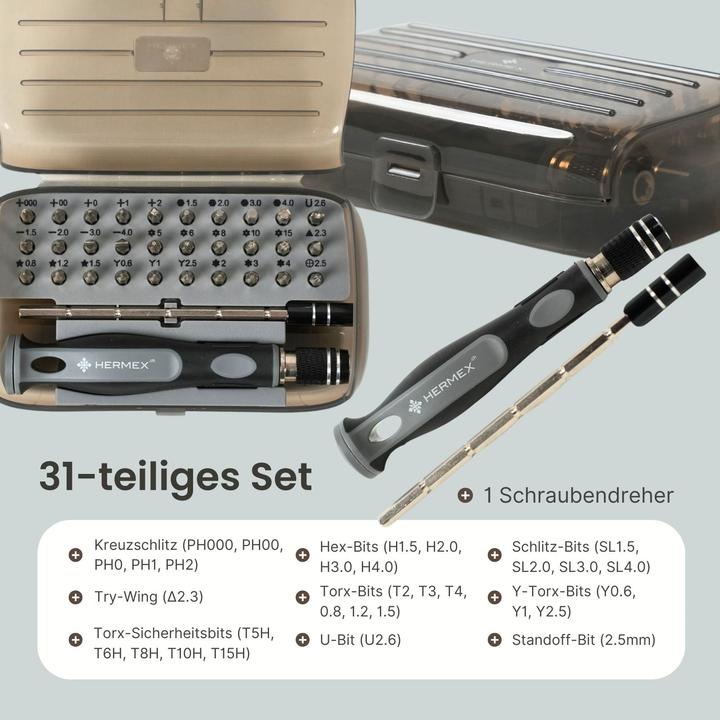 Actual product image Hermex 31-piece set with screwdriver and magnetic bits (Cross recess)