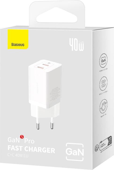Produktbild Baseus Wandladegerät GaN5 40W, 2x USB C (Weiss) (40 W, 1 Port)