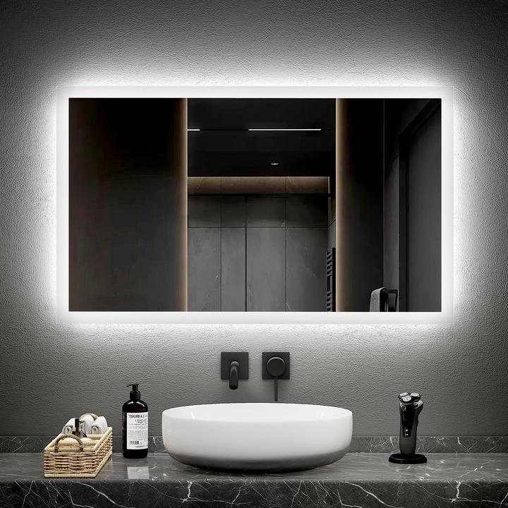 Produktbild Emke Badezimmerspiegel mit Beleuchtung 100*60cm,Beschlagfrei, 3000K/6500K,Tast Schalter (100 x 60 cm)